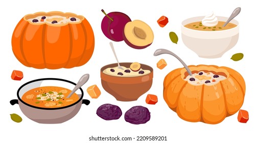 Pumpkin porridge and soup set. Pumpkin porridge pot. Pumpkin cream soup with seeds. Illustrated vector element.