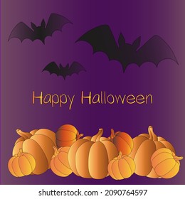 pumpkin postcard on purple background with bats and orange inscription