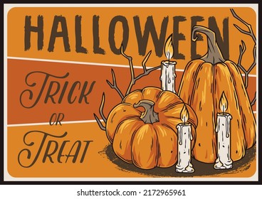 Pumpkin poster with candle for autumn halloween party. Happy halloween composition for night holiday design