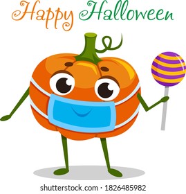 
Pumpkin in a protective mask and candy in hand