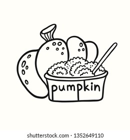 Pumpkin and pumpkin puree in a glass bowl. Doodle vector illustration.