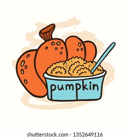 Pumpkin and pumpkin puree in a glass bowl. Doodle vector illustration.