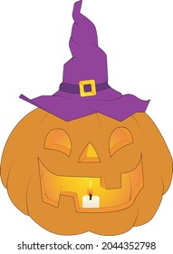 pumpkin in a purple hat with candles inside
