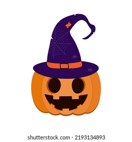 Pumpkin in purple witch hat. Orange pumpkin with a smile for your Hjlluin design.A vector illustration