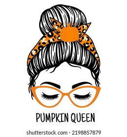 Pumpkin Queen. Fall Mom Messy Bun. Women with glasses, bandana with leopard print and pumpkin. Fall, autumn, Thanksgiving. Vector illustration. Isolated on white background. 