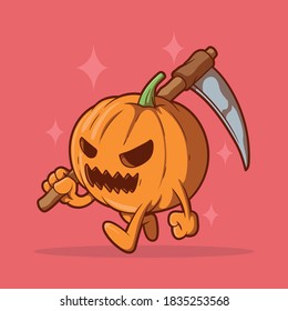 Pumpkin reaper character vector illustration. Halloween, celebration, horror, spooky design concept