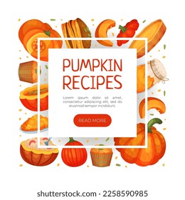 Pumpkin recipes landing page template. Pumpkin food, delicious dishes made of pumpkin web banner, homepage cartoon vector