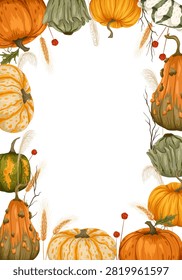 Pumpkin rectangular vertical frame with autumn gourds, berries and wheat. Vector hand drawn illustration for fall packaging harvest design, Thanksgiving cards and seasonal borders.