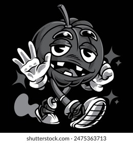 Pumpkin Retro Cartoon in Black and White Illustration