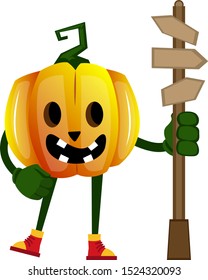 Calabaza con señal de carretera, ilustración, vector sobre fondo blanco.