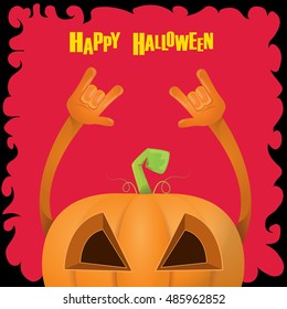 pumpkin rock n roll style halloween greeting card with text. Happy halloween rock concert poster design template or greeting card