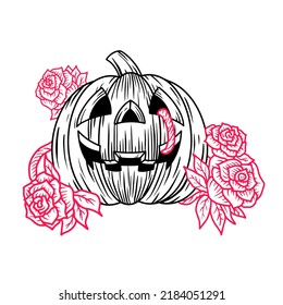 Calabaza con rosas que alteran el estilo gráfico grunge de Halloween. Trick o Treat, vector de calabaza asustado. Ilustración de calabaza en estilo retro grunge. Temporada de Octubre Sombrío en la Noche de Halloween.