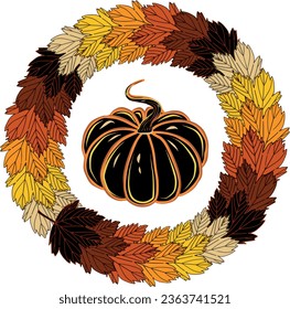 Calabaza en un marco redondo de hojas de arce amarillas y naranjas de otoño. Ilustración vectorial EPS para diseño