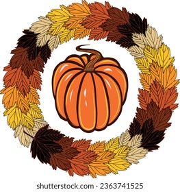 Pumpkin in a round frame of autumn orange and yellow maple leaves. EPS vector  illustration for design