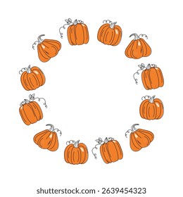 Pumpkin, round frame, harvest vegetables. Banners, posters with space for text. Harvest festival, Halloween. Drawing, doodle. Diet vegetarian natural food, isolated background. 