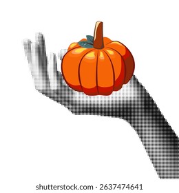 Pumpkin round in hands, Autumn, Halftone illustration of hands tenderly holding pumpkin. Black and white dotted texture, Retro pop art style design isolated on white background, Autumn 