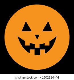 Pumpkin round icon. Smiling face emotion. Trriangle eyes, smile mouse, teeth. Happy Halloween symbol. Cute cartoon funny baby character. Greeting card.Black background.Flat design. Vector illustration