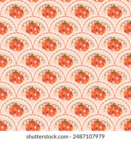 Modelo sin costuras de vieira de calabaza. Fondo de repetición de arco vegetal rojo de Halloween estilizado texturizado. Otoño diseño retro sin fin. Vector dibujado a mano ilustración plana.