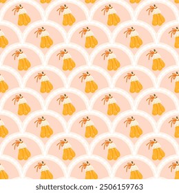 Pumpkin scallop seamless pattern. Textured stylized halloween ripe vegetable arch repeat background. Autumn retro endless design. Vector hand drawn flat illustration.