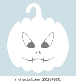 Pumpkin. Scar on the mouth in the form of stitches. White silhouette. Evil look. Vector illustration. Isolated blue background. Flat style. Faded ferocious vegetable. Halloween symbol. 