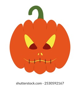 Pumpkin. Scar on the mouth in the form of stitches. Fierce expression. Orange vegetable. Color vector illustration. Isolated on white background. Flat style. Sinister look. Halloween symbol. 