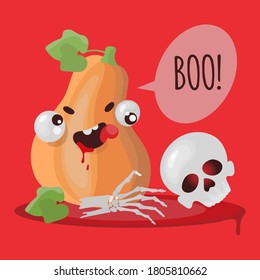 Pumpkin scare skull halloween cartoon vector hand drawn illustration for print