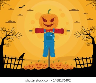 Pumpkin scarecrow and full moon template for banner, poster, greeting card. Vector illustration