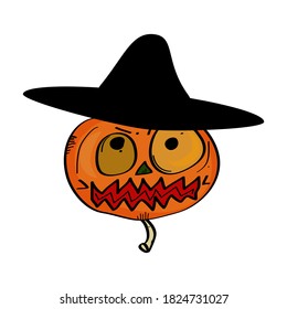 Calabaza en un sombrero, espantapájaros. Símbolo del logo de Halloween símbolo Diseño de la caricatura