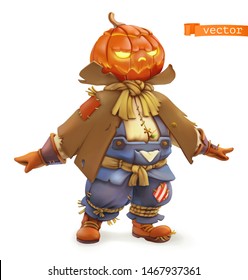 Pumpkin scarecrow. Happy Halloween. 3d vector cartoon character