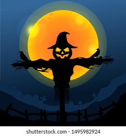 Pumpkin scarecrow in the night of full moon template for banner, poster, greeting card. Vector illustration
