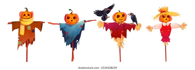 Espantalhos de abóbora definidos isolados em fundo branco. Ilustração de desenho animado vetor de boneca de fazenda assustadora feita de vara de madeira, palha e roupas velhas remendadas, corvos sentados na decoração de jardim de Halloween