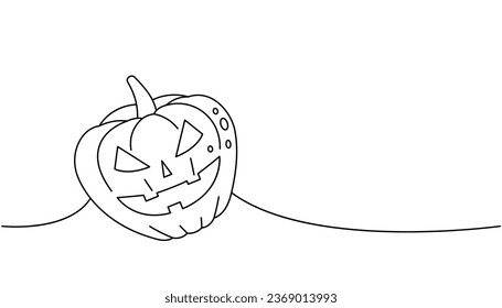 Pumpkin with scary face, autumn vegetable one line continuous drawing. Halloween pumpkin with scary face continuous one line illustration.
