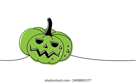 Pumpkin scary face, autumn vegetable one line colored continuous drawing. Halloween pumpkin face continuous one line illustration. Vector illustration