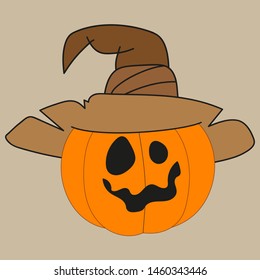 Pumpkin with a scary face in a hat