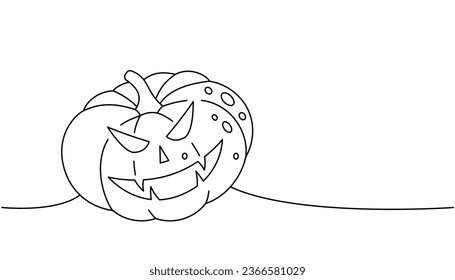 Pumpkin with scary face one line continuous drawing. Halloween pumpkin with scary face continuous one line illustration. Vector illustration.