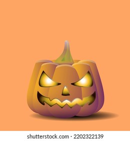 Pumpkin Scary Face in realistic style. Fresh pumpkin. Orange background. Helloween autumn holiday. Colorful vector illustration isolated on white background.
