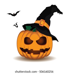 Pumpkin scary face wear hat and bat of Happy Halloween isolated on white background.