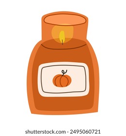 Pumpkin scented candle. Cozy autumn aromatic candle .Hand drawn hygge candlelight. Flat vector illustration.