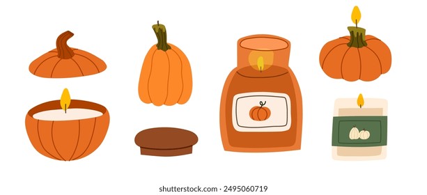 Pumpkin scented candles set. Cozy autumn aromatic candles .Hand drawn hygge candlelights. Flat vector illustration.