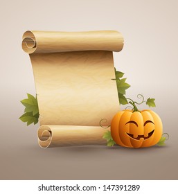 Pumpkin and scrolled old paper. Vector illustration. 