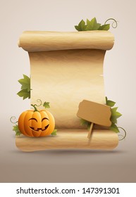 Pumpkin and scrolled old paper. Vector illustration. 