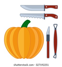 Pumpkin sculpture tools vector flat halloween icon,knife, saw, vegetable