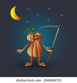 A pumpkin with a scythe is evil on a moonlit night with bright Halloween stars on a dark background. Vector image for the Halloween holiday.