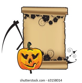 Pumpkin with a scythe on the background of the parchment scroll