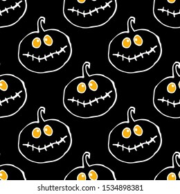 Pumpkin. Seamless background. Black and white ink drawing for Halloween. Vector illustration for web design or print.