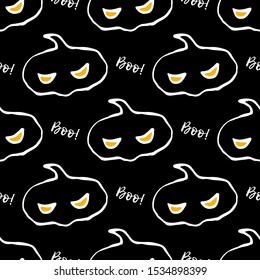 Pumpkin. Seamless background. Black and white ink drawing for Halloween. Vector illustration for web design or print.