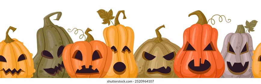 Banner sem emenda de abóbora. Halloween assustadora lanternas de squash, assustador jack-o-lanternas halloween plano vetor ilustração de fundo. Cartaz interminável de festa de Halloween