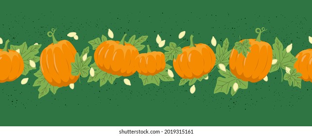 la calabaza sin costura para el estado de ánimo del otoño. Halloween. Borde con calabazas, hojas y semillas en colores naranja, blanco, verde amarillo y verde anaranjado. Ilustración aislada del material vectorial EPS 10. 
