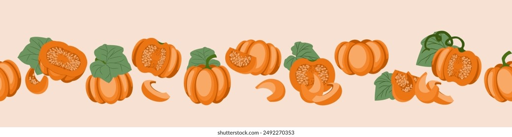 pumpkin seamless border, many ripe pumpkins in a horizontal stripe. vector illustration, banner with whole mature pumpkins and pieces in cartoon style