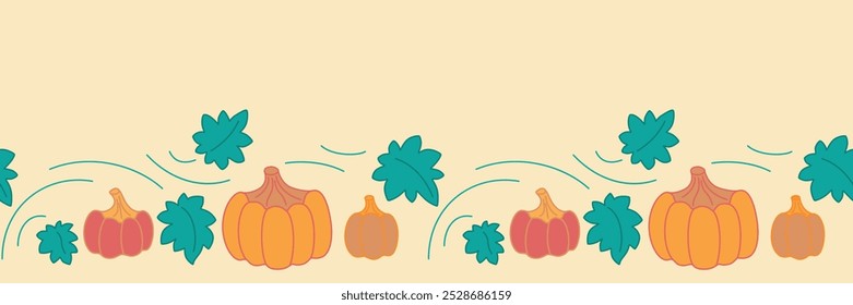 Pumpkin seamless border. Nice horizontal border for Thanksgiving day card or Halloween docoratoin, harvest festival , home decor, kitchen interior design, ets. Vector illustration. Not AI created. 